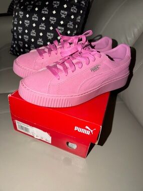 Puma Pink Suede Platform Sneakers with Silver Logo